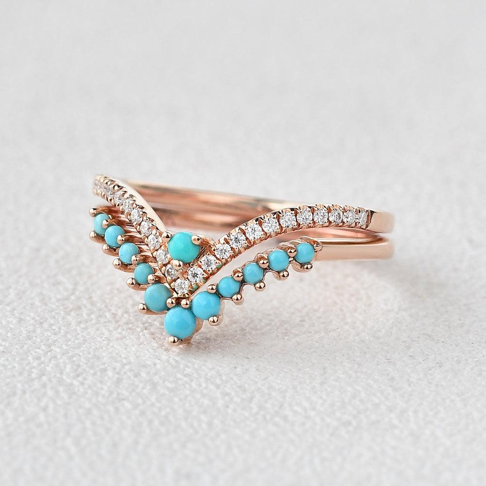Turquoise & Moissanite Chevron Rose Gold Wedding Band Sets 2pcs - Felicegals 丨Wedding ring 丨Fashion ring 丨Diamond ring 丨Gemstone ring--Felicegals