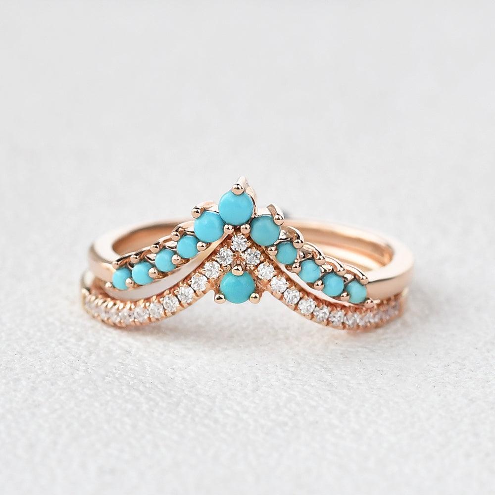 Turquoise & Moissanite Chevron Rose Gold Wedding Band Sets 2pcs - Felicegals 丨Wedding ring 丨Fashion ring 丨Diamond ring 丨Gemstone ring--Felicegals