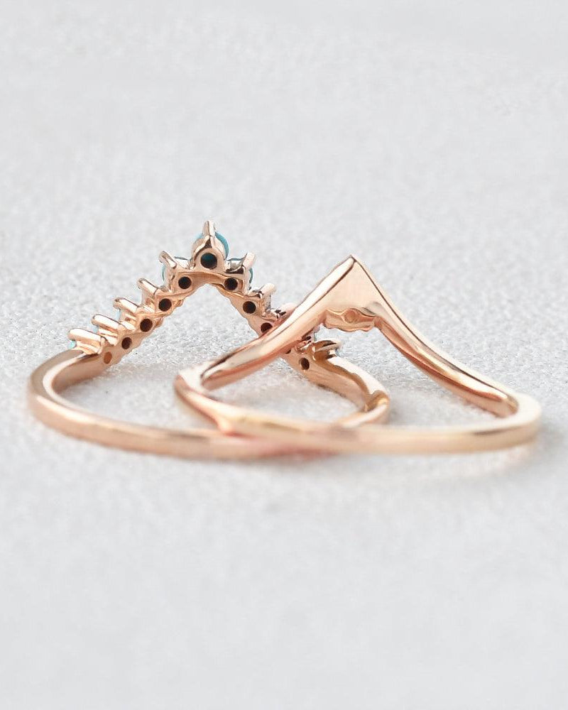Turquoise & Moissanite Chevron Rose Gold Wedding Band Sets 2pcs - Felicegals 丨Wedding ring 丨Fashion ring 丨Diamond ring 丨Gemstone ring--Felicegals