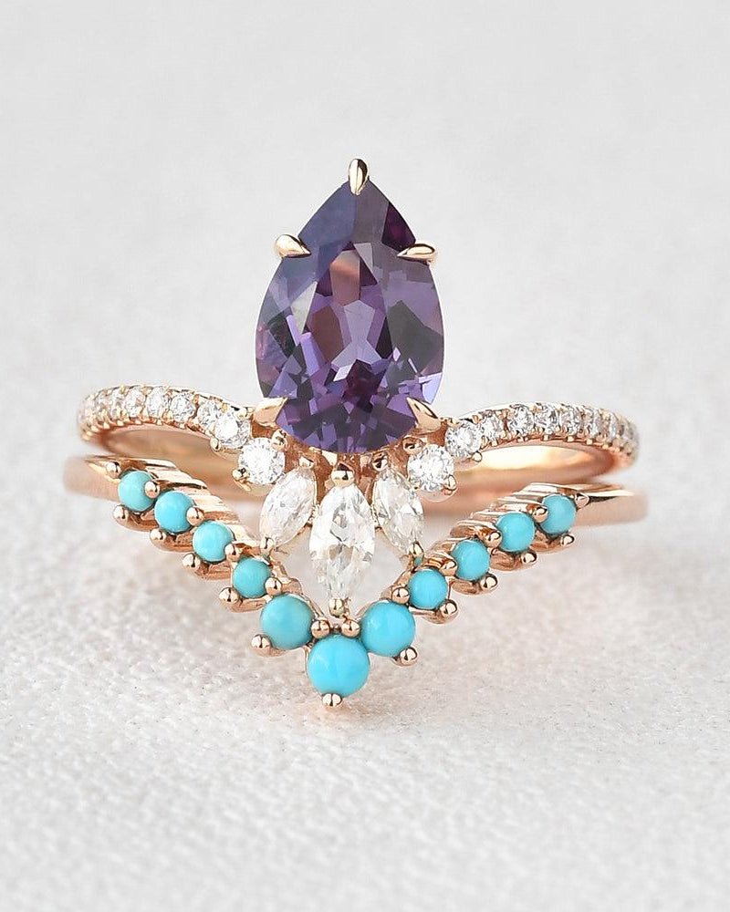 Alexandrite & Moissanite & Turquoise Yellow Gold Ring Set 2pcs - Felicegals 丨Wedding ring 丨Fashion ring 丨Diamond ring 丨Gemstone ring--Felicegals