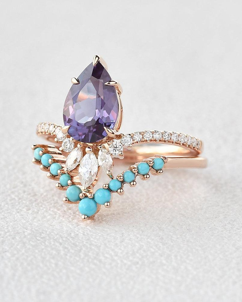 Alexandrite & Moissanite & Turquoise Yellow Gold Ring Set 2pcs - Felicegals 丨Wedding ring 丨Fashion ring 丨Diamond ring 丨Gemstone ring--Felicegals