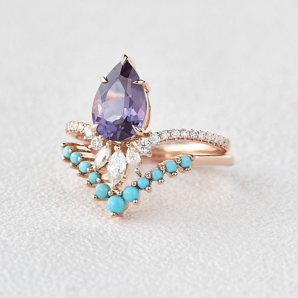 Alexandrite & Moissanite & Turquoise Yellow Gold Ring Set 2pcs - Felicegals 丨Wedding ring 丨Fashion ring 丨Diamond ring 丨Gemstone ring--Felicegals