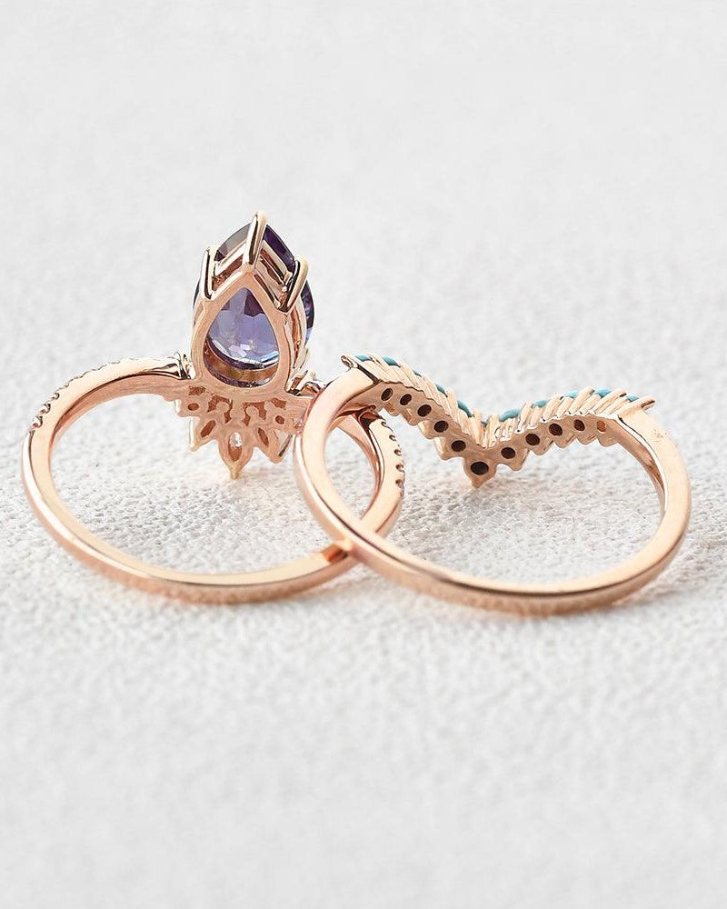 Alexandrite & Moissanite & Turquoise Yellow Gold Ring Set 2pcs - Felicegals 丨Wedding ring 丨Fashion ring 丨Diamond ring 丨Gemstone ring--Felicegals