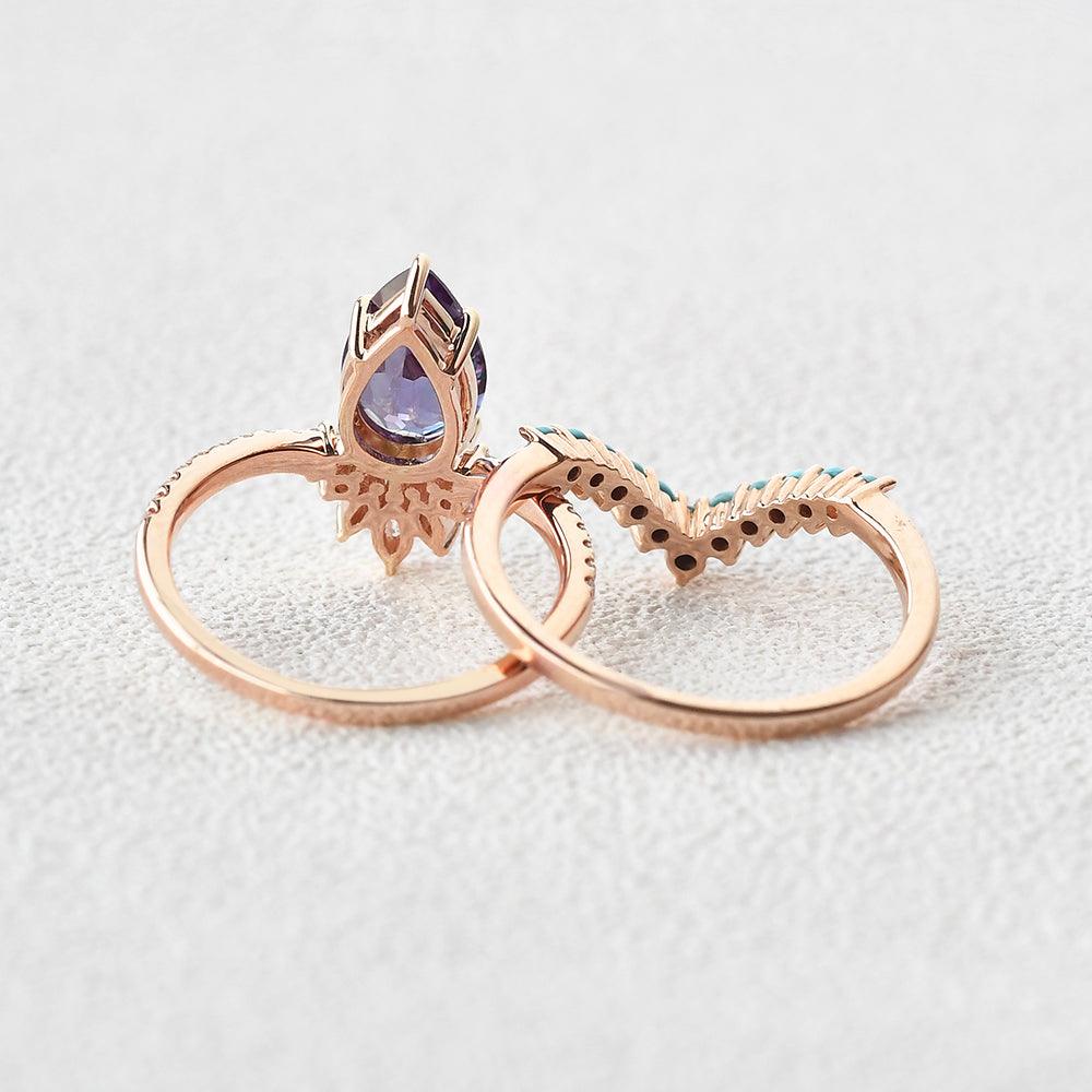 Alexandrite & Moissanite & Turquoise Yellow Gold Ring Set 2pcs - Felicegals 丨Wedding ring 丨Fashion ring 丨Diamond ring 丨Gemstone ring--Felicegals