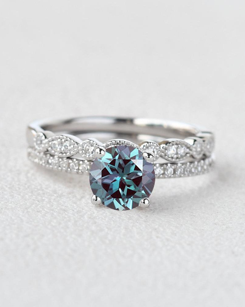 2ct Round Cut Alexandrite Solitaire White Gold Ring Set 2pcs - Felicegals 丨Wedding ring 丨Fashion ring 丨Diamond ring 丨Gemstone ring--Felicegals 丨Wedding ring 丨Fashion ring 丨Diamond ring 丨Gemstone ring