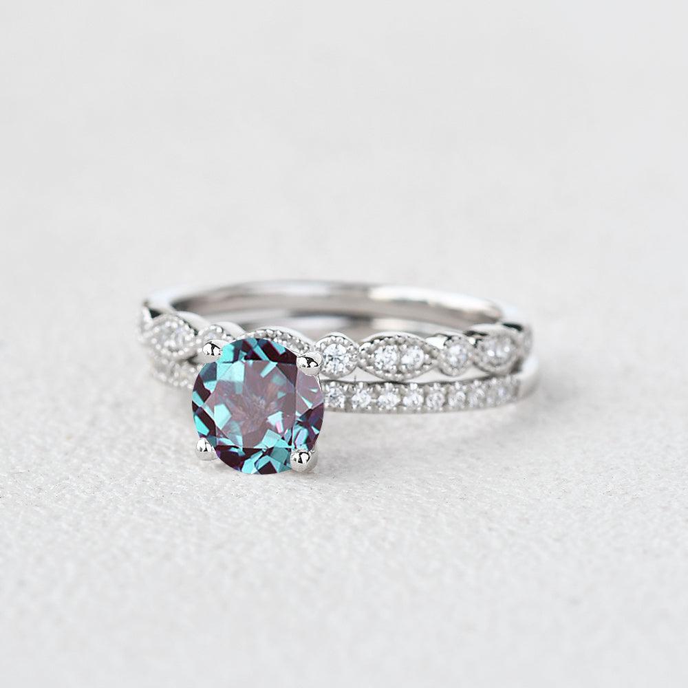 2ct Round Cut Alexandrite Solitaire White Gold Ring Set 2pcs - Felicegals 丨Wedding ring 丨Fashion ring 丨Diamond ring 丨Gemstone ring--Felicegals 丨Wedding ring 丨Fashion ring 丨Diamond ring 丨Gemstone ring