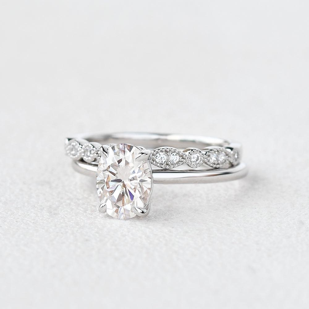 Oval Cut Moissanite Solitaire White Gold Ring Set 2pcs - Felicegals 丨Wedding ring 丨Fashion ring 丨Diamond ring 丨Gemstone ring--Felicegals 丨Wedding ring 丨Fashion ring 丨Diamond ring 丨Gemstone ring