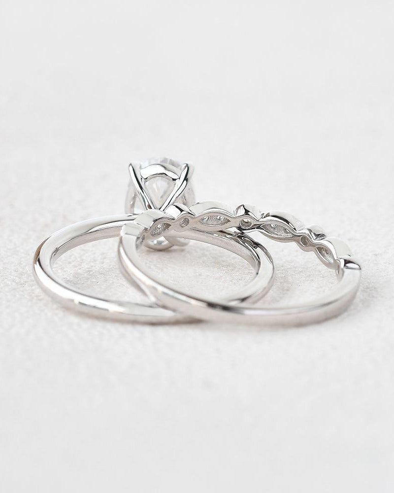 Oval Cut Moissanite Solitaire White Gold Ring Set 2pcs - Felicegals 丨Wedding ring 丨Fashion ring 丨Diamond ring 丨Gemstone ring--Felicegals 丨Wedding ring 丨Fashion ring 丨Diamond ring 丨Gemstone ring