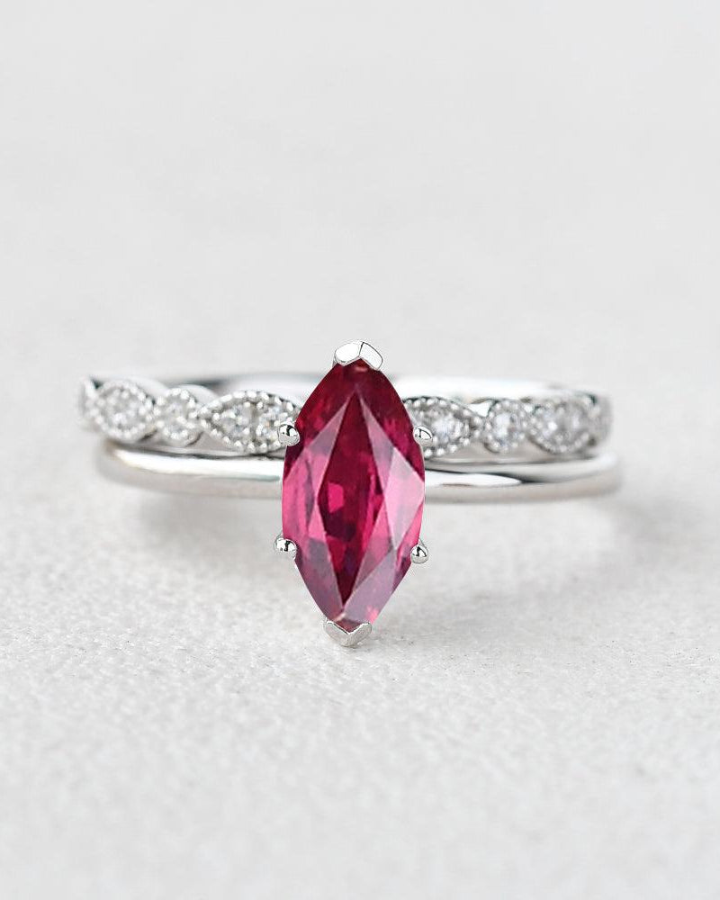 Marquise Lab Ruby Solitaire White Gold Ring Set 2pcs - Felicegals 丨Wedding ring 丨Fashion ring 丨Diamond ring 丨Gemstone ring--Felicegals 丨Wedding ring 丨Fashion ring 丨Diamond ring 丨Gemstone ring