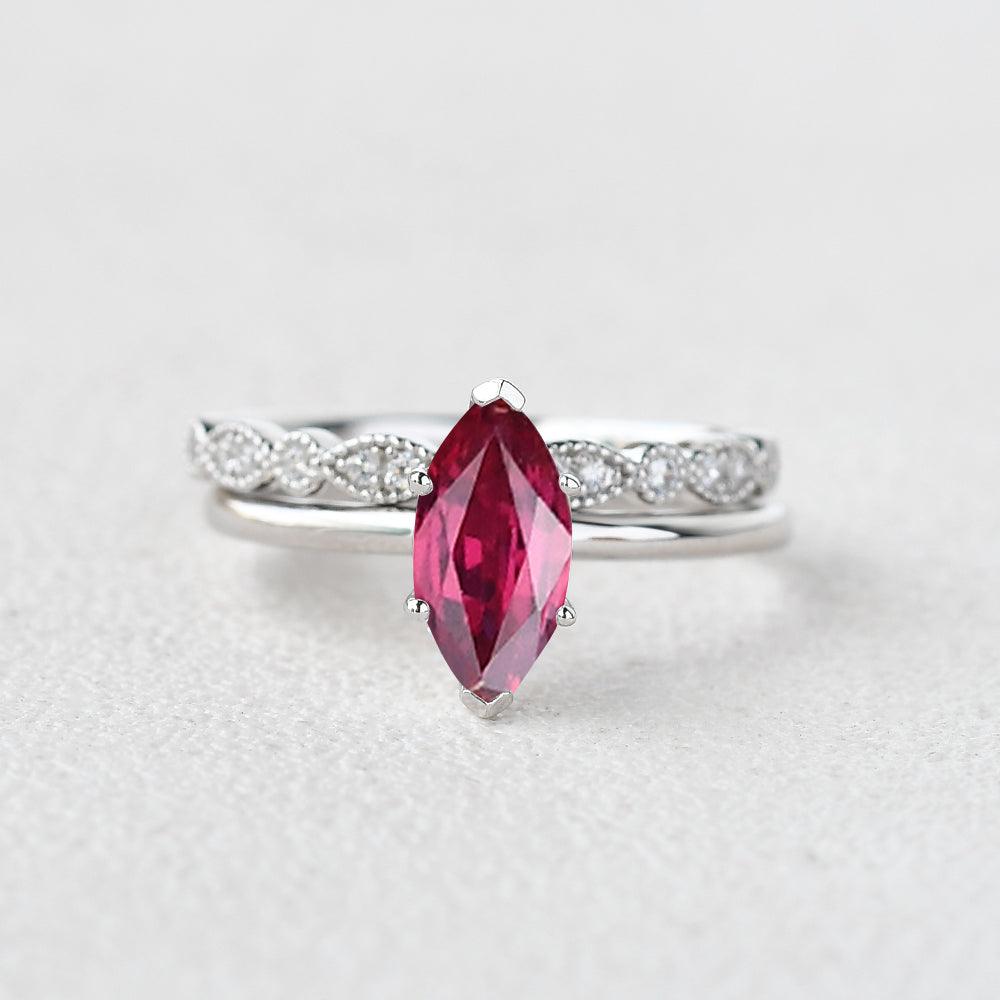 Marquise Lab Ruby Solitaire White Gold Ring Set 2pcs - Felicegals 丨Wedding ring 丨Fashion ring 丨Diamond ring 丨Gemstone ring--Felicegals 丨Wedding ring 丨Fashion ring 丨Diamond ring 丨Gemstone ring