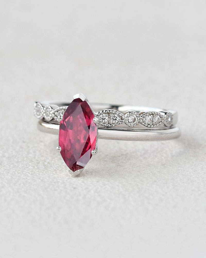 Marquise Lab Ruby Solitaire White Gold Ring Set 2pcs - Felicegals 丨Wedding ring 丨Fashion ring 丨Diamond ring 丨Gemstone ring--Felicegals 丨Wedding ring 丨Fashion ring 丨Diamond ring 丨Gemstone ring