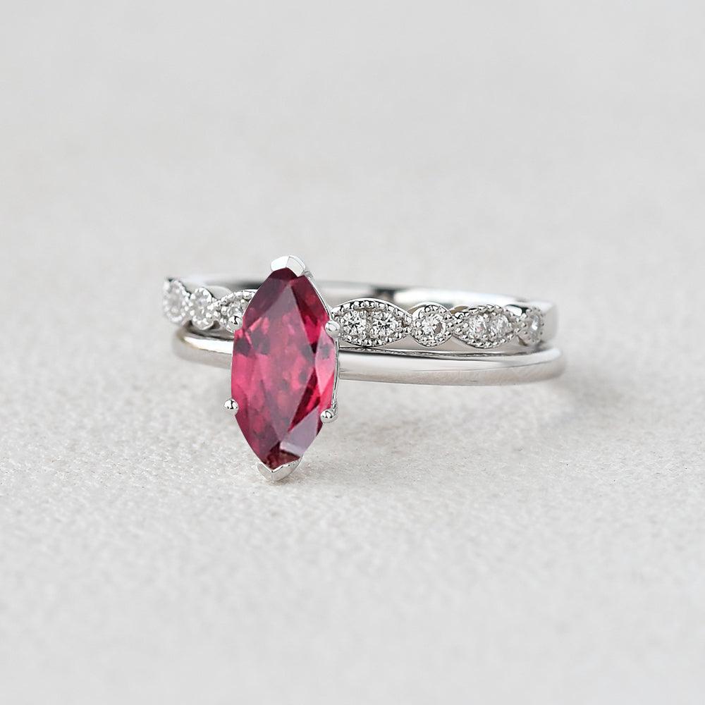 Marquise Lab Ruby Solitaire White Gold Ring Set 2pcs - Felicegals 丨Wedding ring 丨Fashion ring 丨Diamond ring 丨Gemstone ring--Felicegals 丨Wedding ring 丨Fashion ring 丨Diamond ring 丨Gemstone ring
