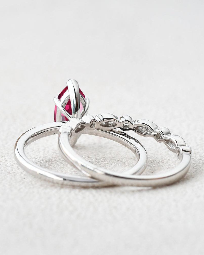 Marquise Lab Ruby Solitaire White Gold Ring Set 2pcs - Felicegals 丨Wedding ring 丨Fashion ring 丨Diamond ring 丨Gemstone ring--Felicegals 丨Wedding ring 丨Fashion ring 丨Diamond ring 丨Gemstone ring