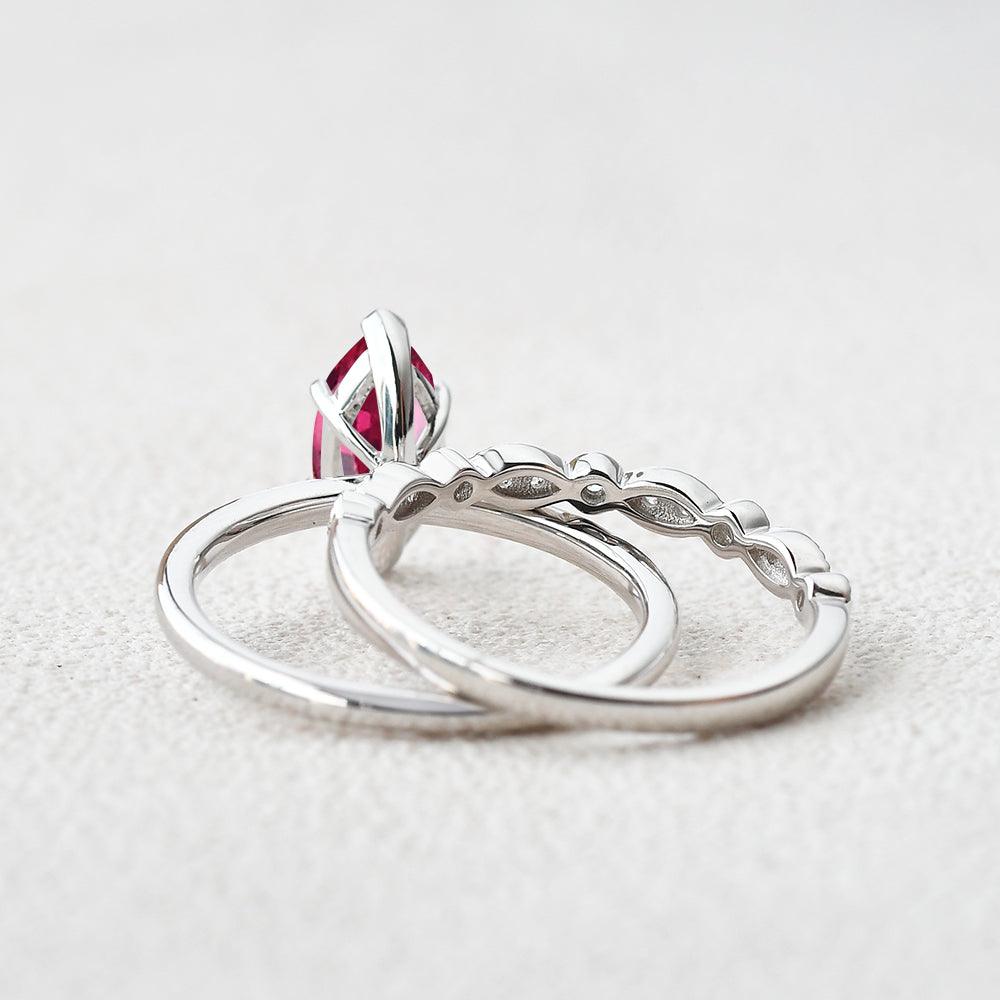 Marquise Lab Ruby Solitaire White Gold Ring Set 2pcs - Felicegals 丨Wedding ring 丨Fashion ring 丨Diamond ring 丨Gemstone ring--Felicegals 丨Wedding ring 丨Fashion ring 丨Diamond ring 丨Gemstone ring