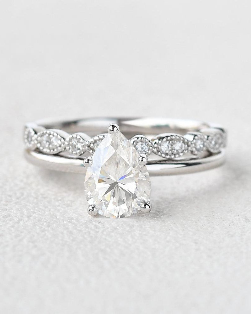 1ct Pear Shaped Moissanite Solitaire Ring Set 2pcs - Felicegals 丨Wedding ring 丨Fashion ring 丨Diamond ring 丨Gemstone ring--Felicegals 丨Wedding ring 丨Fashion ring 丨Diamond ring 丨Gemstone ring