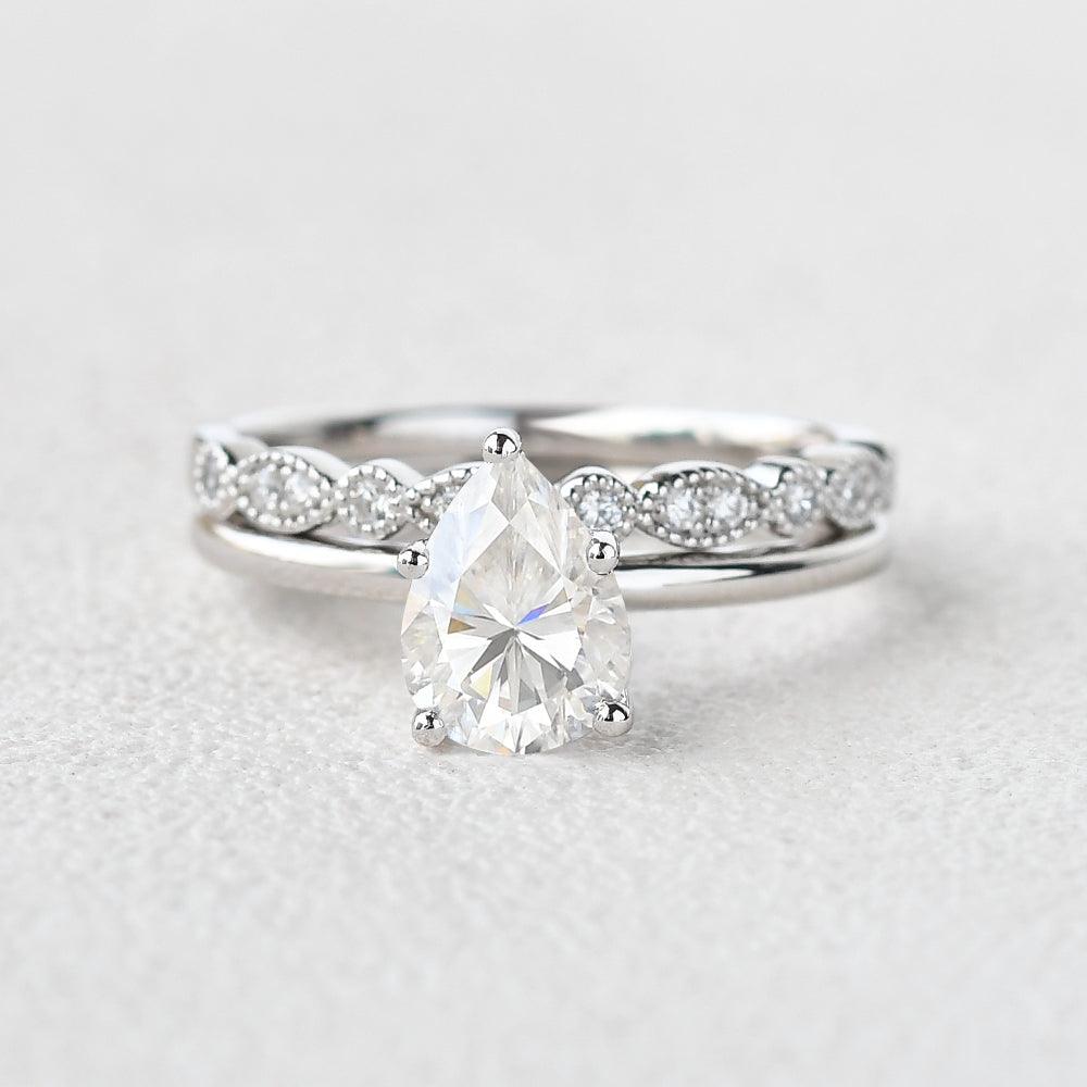1ct Pear Shaped Moissanite Solitaire Ring Set 2pcs - Felicegals 丨Wedding ring 丨Fashion ring 丨Diamond ring 丨Gemstone ring--Felicegals 丨Wedding ring 丨Fashion ring 丨Diamond ring 丨Gemstone ring