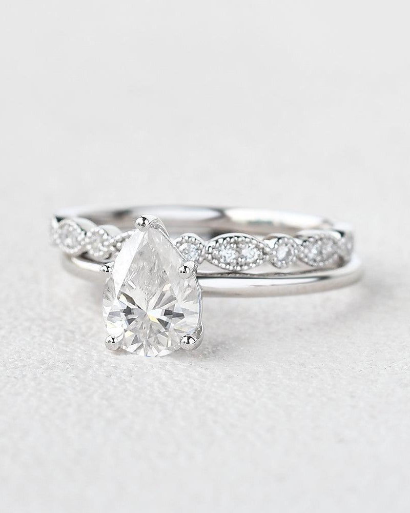 1ct Pear Shaped Moissanite Solitaire Ring Set 2pcs - Felicegals 丨Wedding ring 丨Fashion ring 丨Diamond ring 丨Gemstone ring--Felicegals 丨Wedding ring 丨Fashion ring 丨Diamond ring 丨Gemstone ring