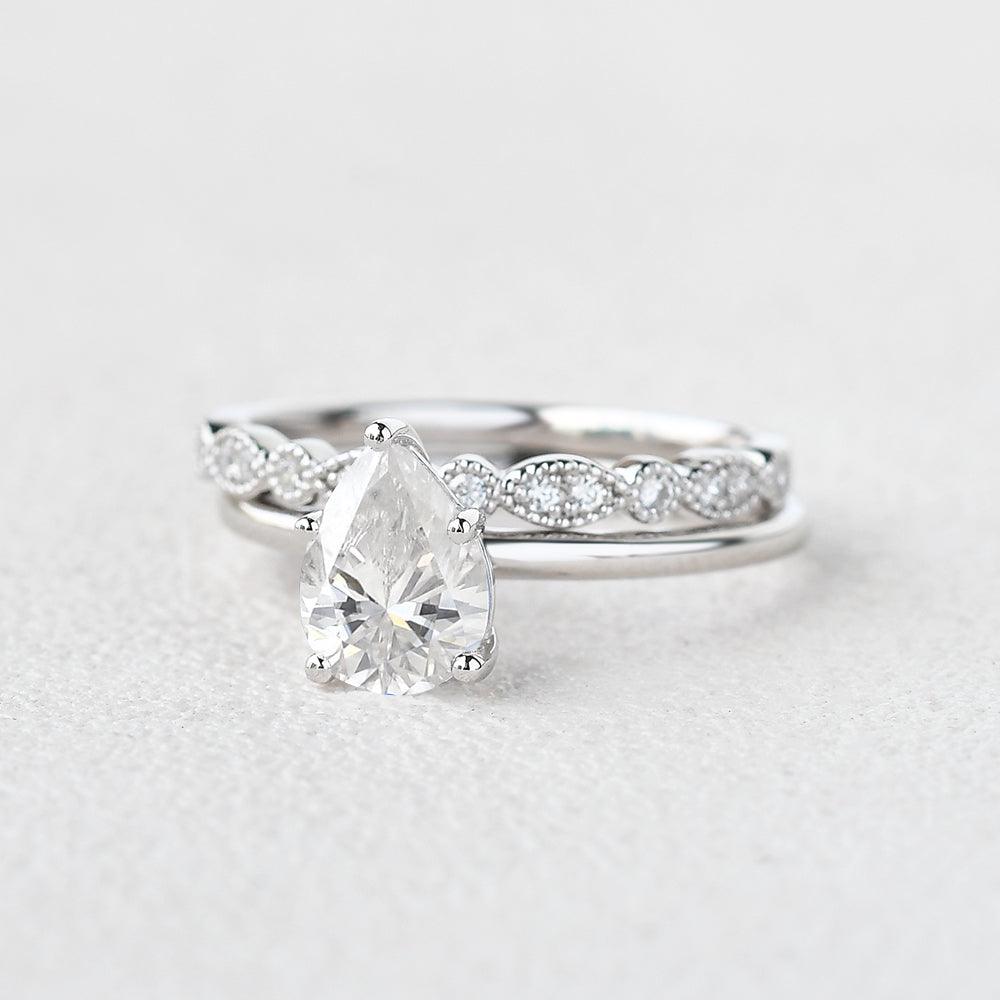 1ct Pear Shaped Moissanite Solitaire Ring Set 2pcs - Felicegals 丨Wedding ring 丨Fashion ring 丨Diamond ring 丨Gemstone ring--Felicegals 丨Wedding ring 丨Fashion ring 丨Diamond ring 丨Gemstone ring