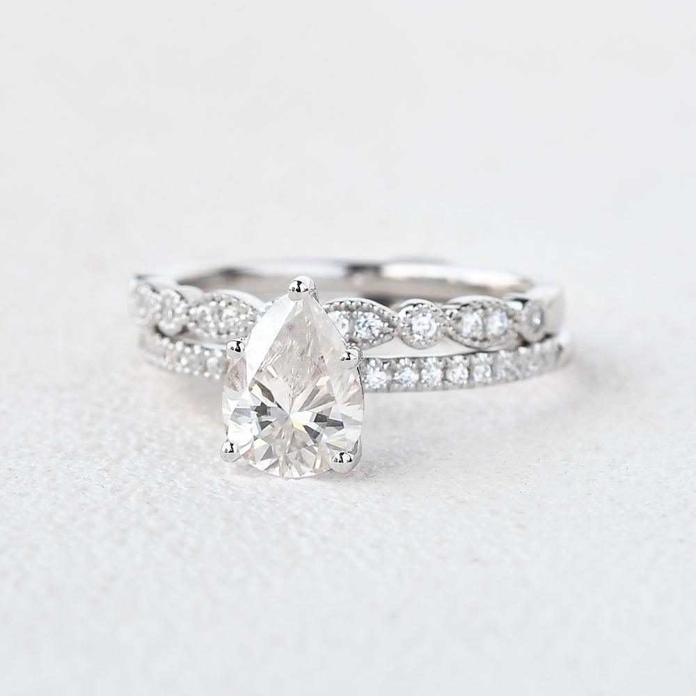 1ct Pear Shaped Moissanite Solitaire White Gold Ring Set 2pcs - Felicegals 丨Wedding ring 丨Fashion ring 丨Diamond ring 丨Gemstone ring--Felicegals 丨Wedding ring 丨Fashion ring 丨Diamond ring 丨Gemstone ring