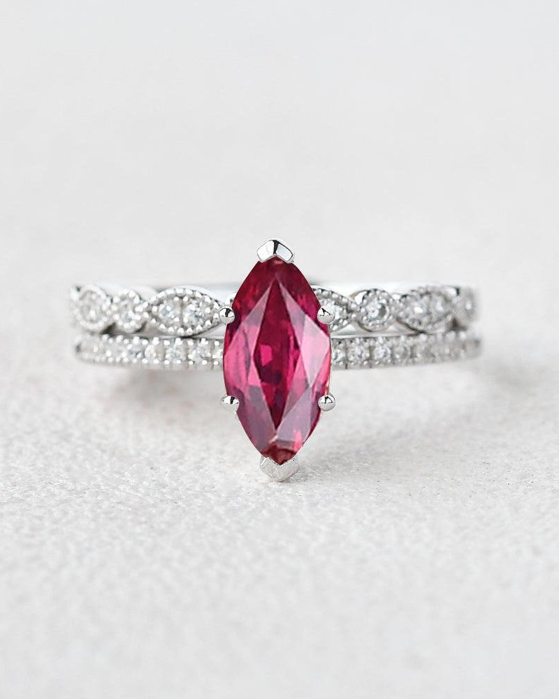 Marquise Ruby Solitaire Eternity White Gold Ring Set 2pcs - Felicegals 丨Wedding ring 丨Fashion ring 丨Diamond ring 丨Gemstone ring--Felicegals 丨Wedding ring 丨Fashion ring 丨Diamond ring 丨Gemstone ring