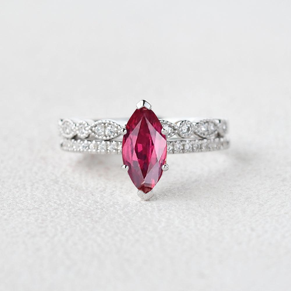 Marquise Ruby Solitaire Eternity White Gold Ring Set 2pcs - Felicegals 丨Wedding ring 丨Fashion ring 丨Diamond ring 丨Gemstone ring--Felicegals 丨Wedding ring 丨Fashion ring 丨Diamond ring 丨Gemstone ring