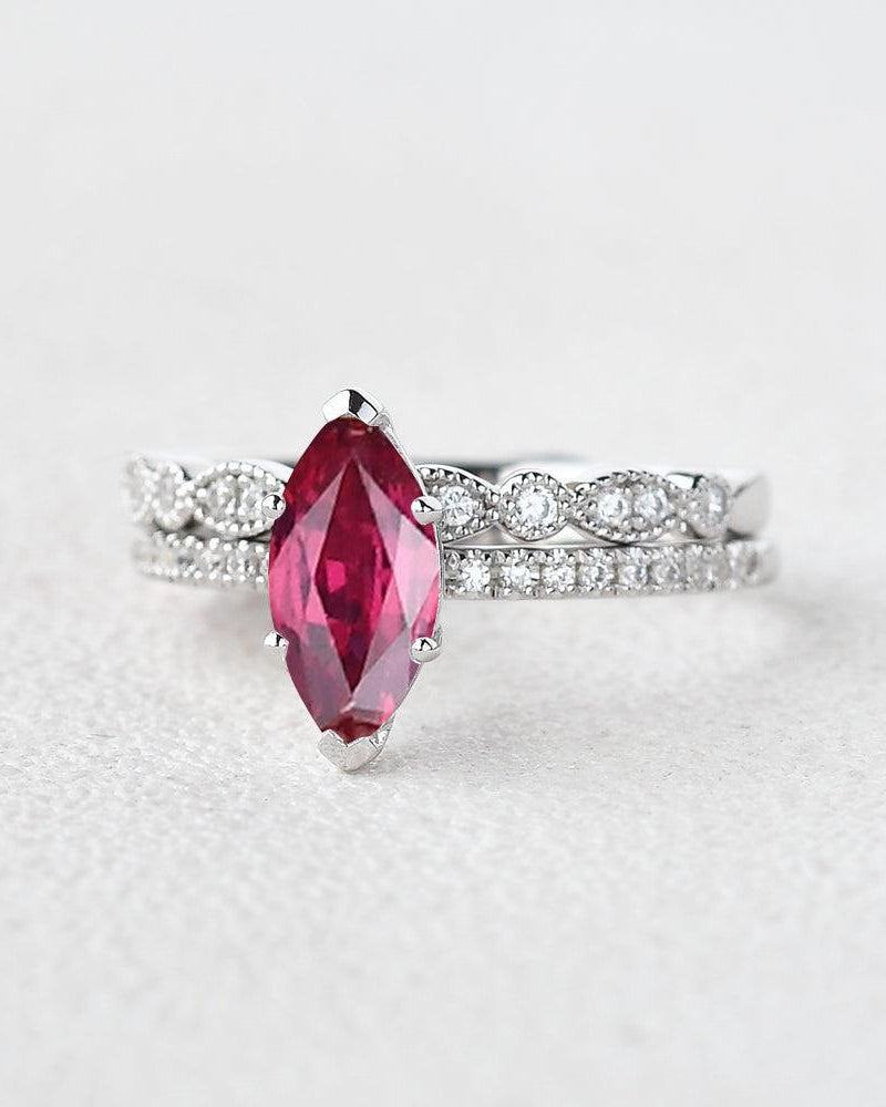 Marquise Ruby Solitaire Eternity White Gold Ring Set 2pcs - Felicegals 丨Wedding ring 丨Fashion ring 丨Diamond ring 丨Gemstone ring--Felicegals 丨Wedding ring 丨Fashion ring 丨Diamond ring 丨Gemstone ring