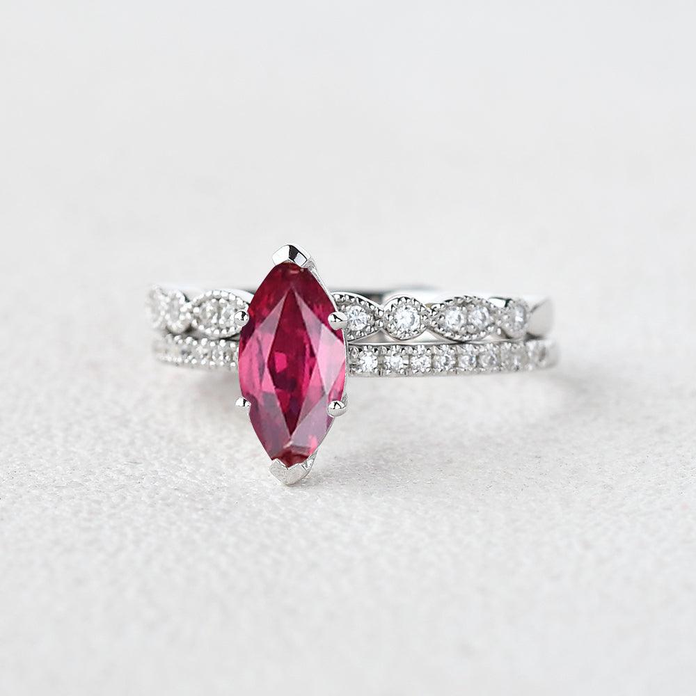 Marquise Ruby Solitaire Eternity White Gold Ring Set 2pcs - Felicegals 丨Wedding ring 丨Fashion ring 丨Diamond ring 丨Gemstone ring--Felicegals 丨Wedding ring 丨Fashion ring 丨Diamond ring 丨Gemstone ring