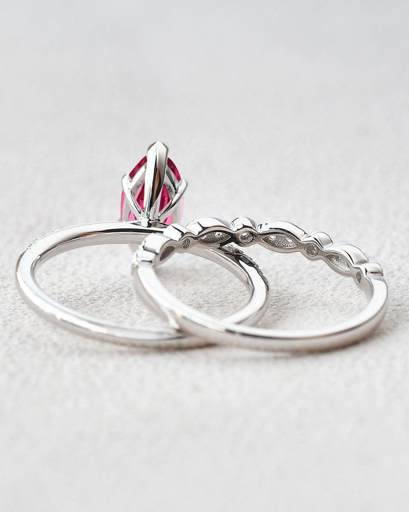 Marquise Ruby Solitaire Eternity White Gold Ring Set 2pcs - Felicegals 丨Wedding ring 丨Fashion ring 丨Diamond ring 丨Gemstone ring--Felicegals 丨Wedding ring 丨Fashion ring 丨Diamond ring 丨Gemstone ring