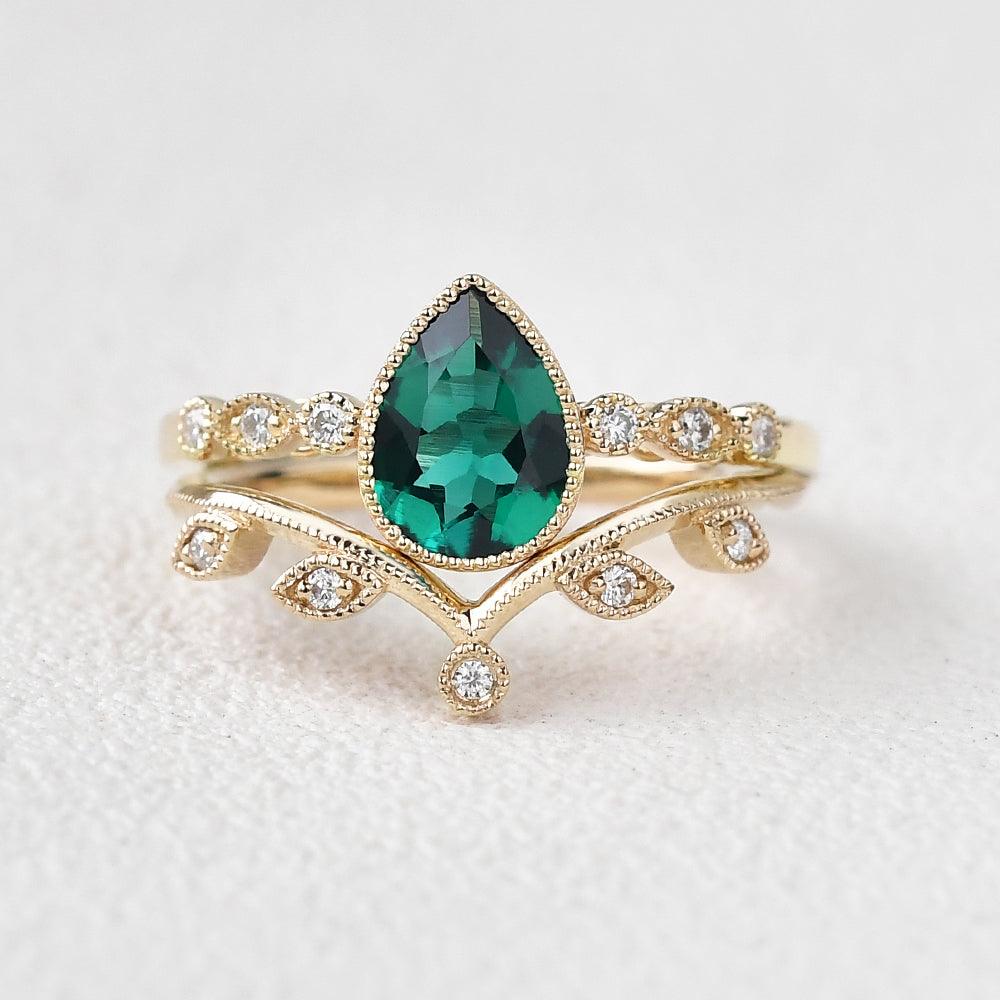 Pear Shaped Lab Emerald Yellow Gold Ring Set 2pcs - Felicegals 丨Wedding ring 丨Fashion ring 丨Diamond ring 丨Gemstone ring--Felicegals