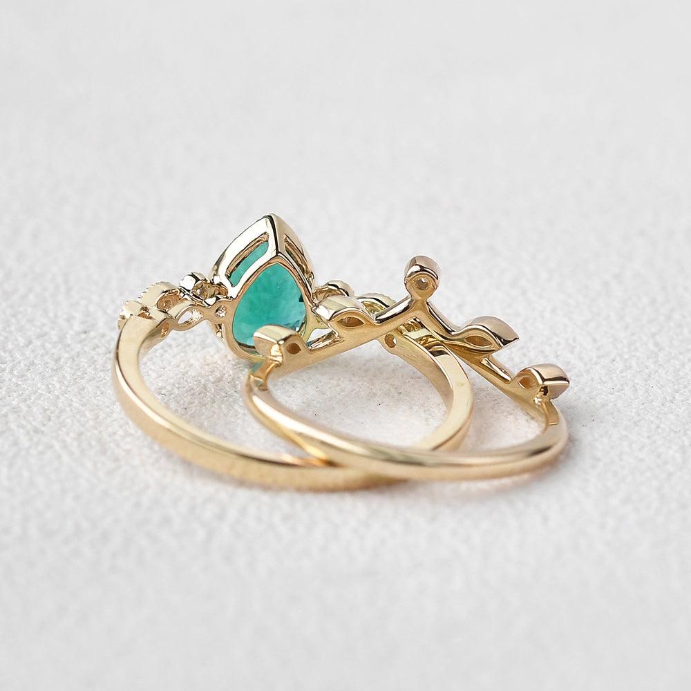 Pear Shaped Lab Emerald Yellow Gold Ring Set 2pcs - Felicegals 丨Wedding ring 丨Fashion ring 丨Diamond ring 丨Gemstone ring--Felicegals