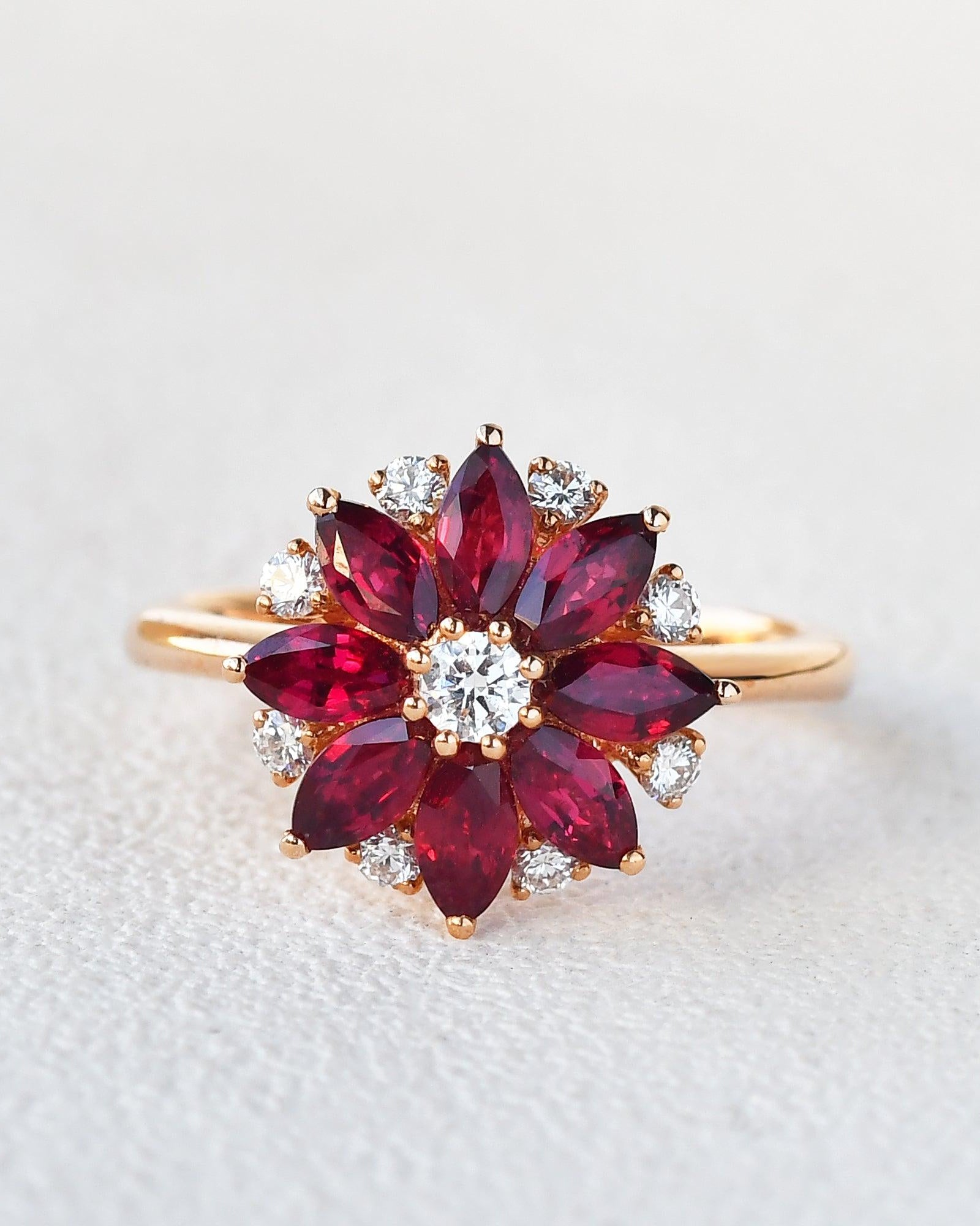 1.5ct Floral Inspired Ruby Rose Gold Ring - Felicegals 丨Wedding ring 丨Fashion ring 丨Diamond ring 丨Gemstone ring--Felicegals 丨Wedding ring 丨Fashion ring 丨Diamond ring 丨Gemstone ring