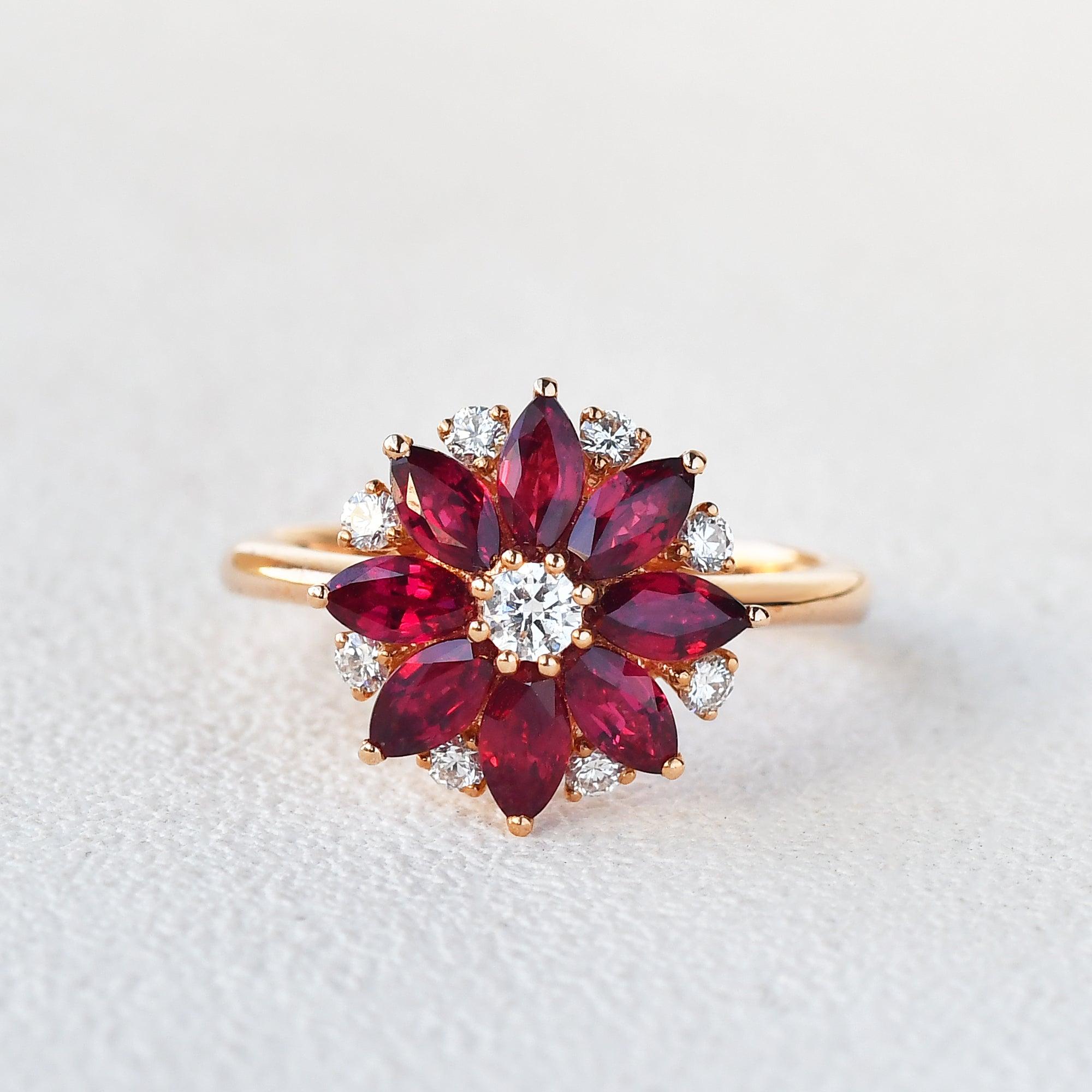 1.5ct Floral Inspired Ruby Rose Gold Ring - Felicegals 丨Wedding ring 丨Fashion ring 丨Diamond ring 丨Gemstone ring--Felicegals 丨Wedding ring 丨Fashion ring 丨Diamond ring 丨Gemstone ring