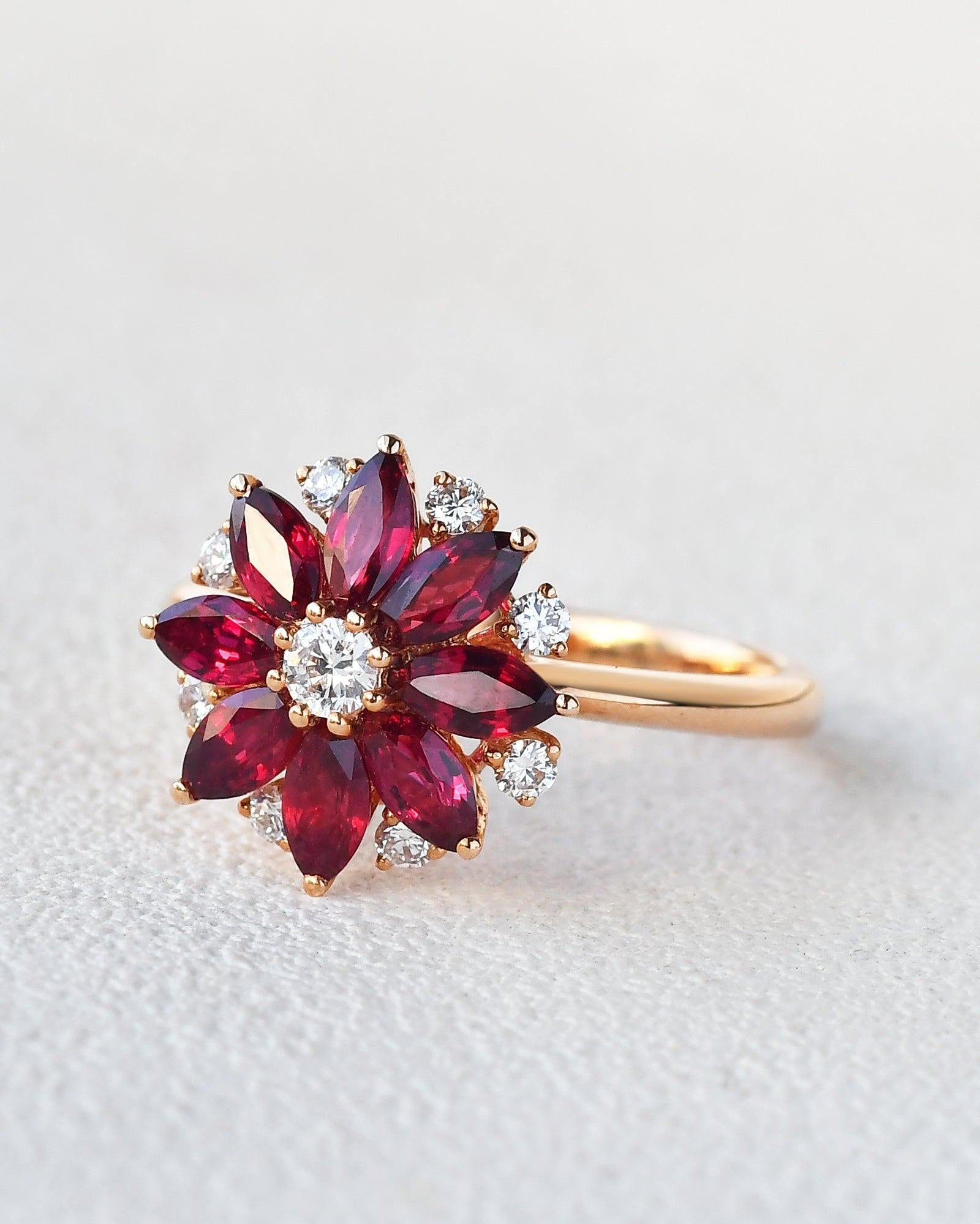 1.5ct Floral Inspired Ruby Rose Gold Ring - Felicegals 丨Wedding ring 丨Fashion ring 丨Diamond ring 丨Gemstone ring--Felicegals 丨Wedding ring 丨Fashion ring 丨Diamond ring 丨Gemstone ring