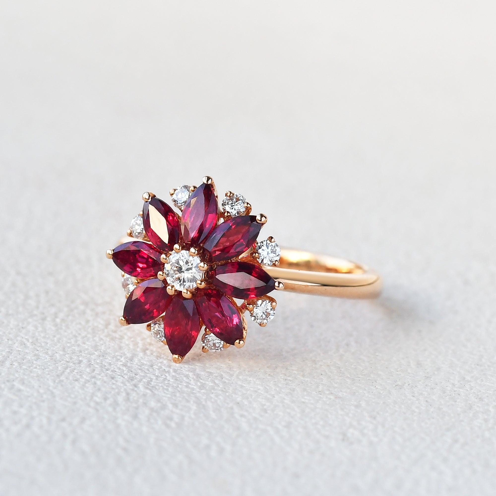 1.5ct Floral Inspired Ruby Rose Gold Ring - Felicegals 丨Wedding ring 丨Fashion ring 丨Diamond ring 丨Gemstone ring--Felicegals 丨Wedding ring 丨Fashion ring 丨Diamond ring 丨Gemstone ring