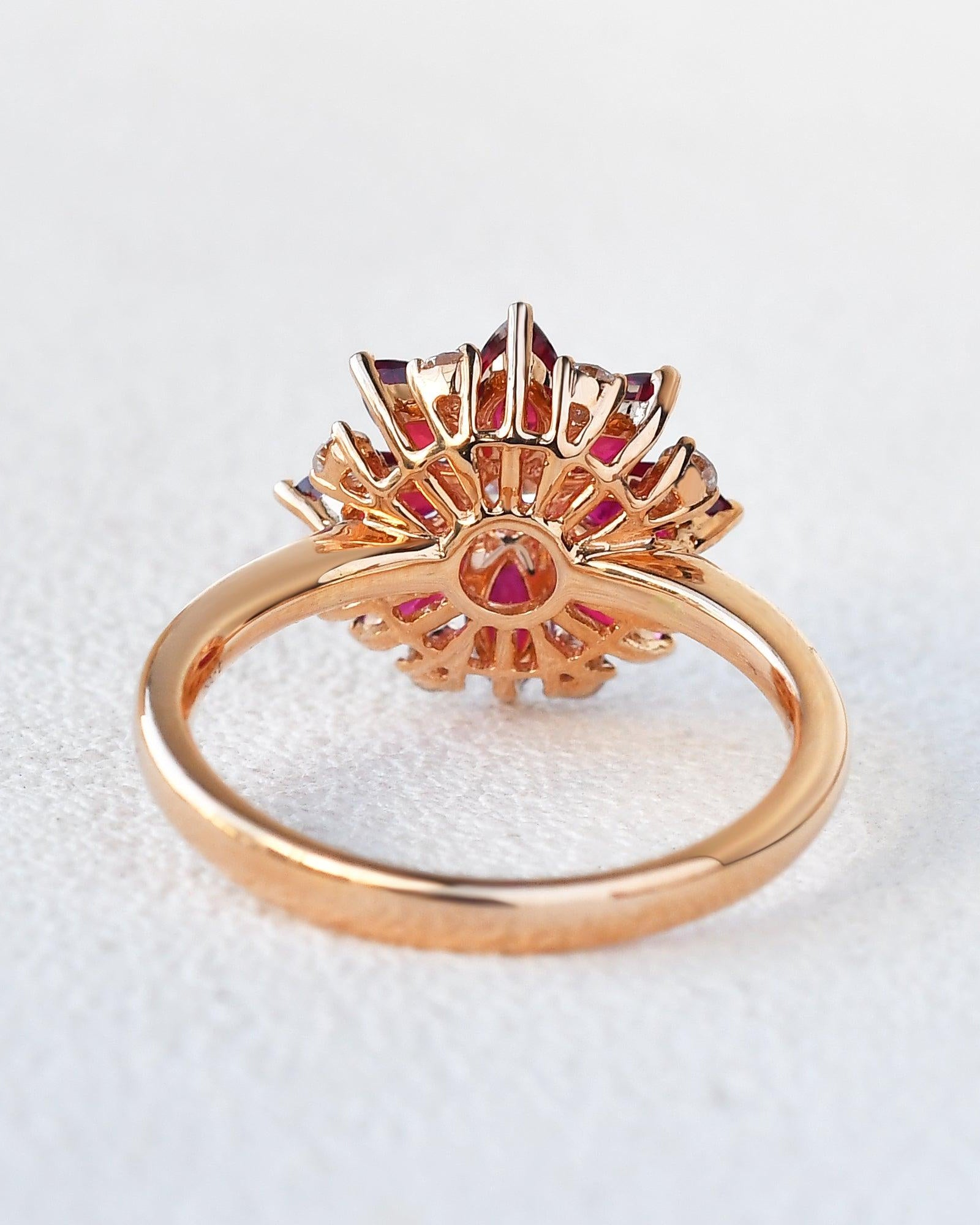 1.5ct Floral Inspired Ruby Rose Gold Ring - Felicegals 丨Wedding ring 丨Fashion ring 丨Diamond ring 丨Gemstone ring--Felicegals 丨Wedding ring 丨Fashion ring 丨Diamond ring 丨Gemstone ring