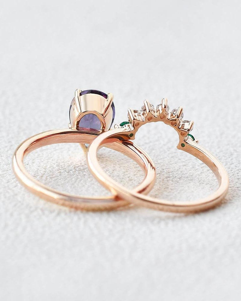 Alexandirte & Emerald & Moissanite Pear Shaped Ring Set 2pcs - Felicegals 丨Wedding ring 丨Fashion ring 丨Diamond ring 丨Gemstone ring--Felicegals