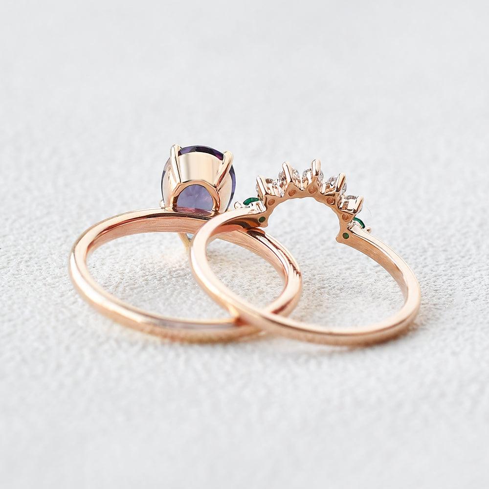 Alexandirte & Emerald & Moissanite Pear Shaped Ring Set 2pcs - Felicegals 丨Wedding ring 丨Fashion ring 丨Diamond ring 丨Gemstone ring--Felicegals