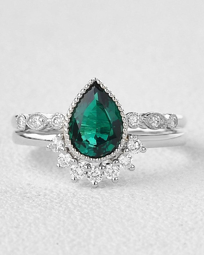 Pear Shaped Emerald Set 2pcs Rose Gold Ring - Felicegals