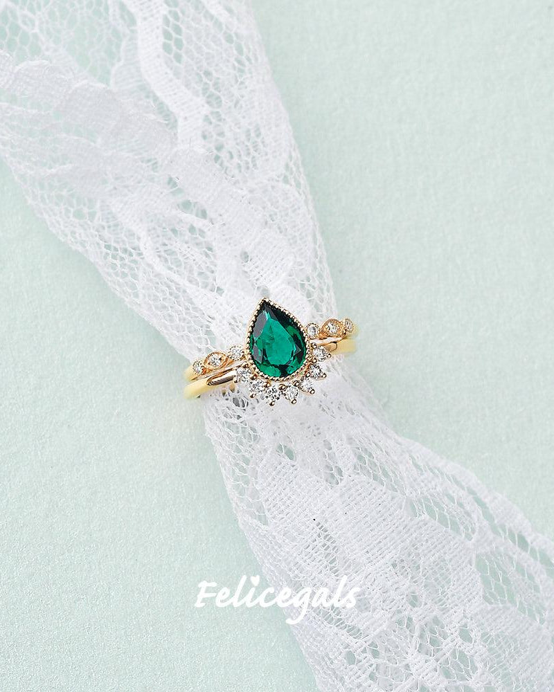 Pear Shaped Emerald Set 2pcs Rose Gold Ring - Felicegals