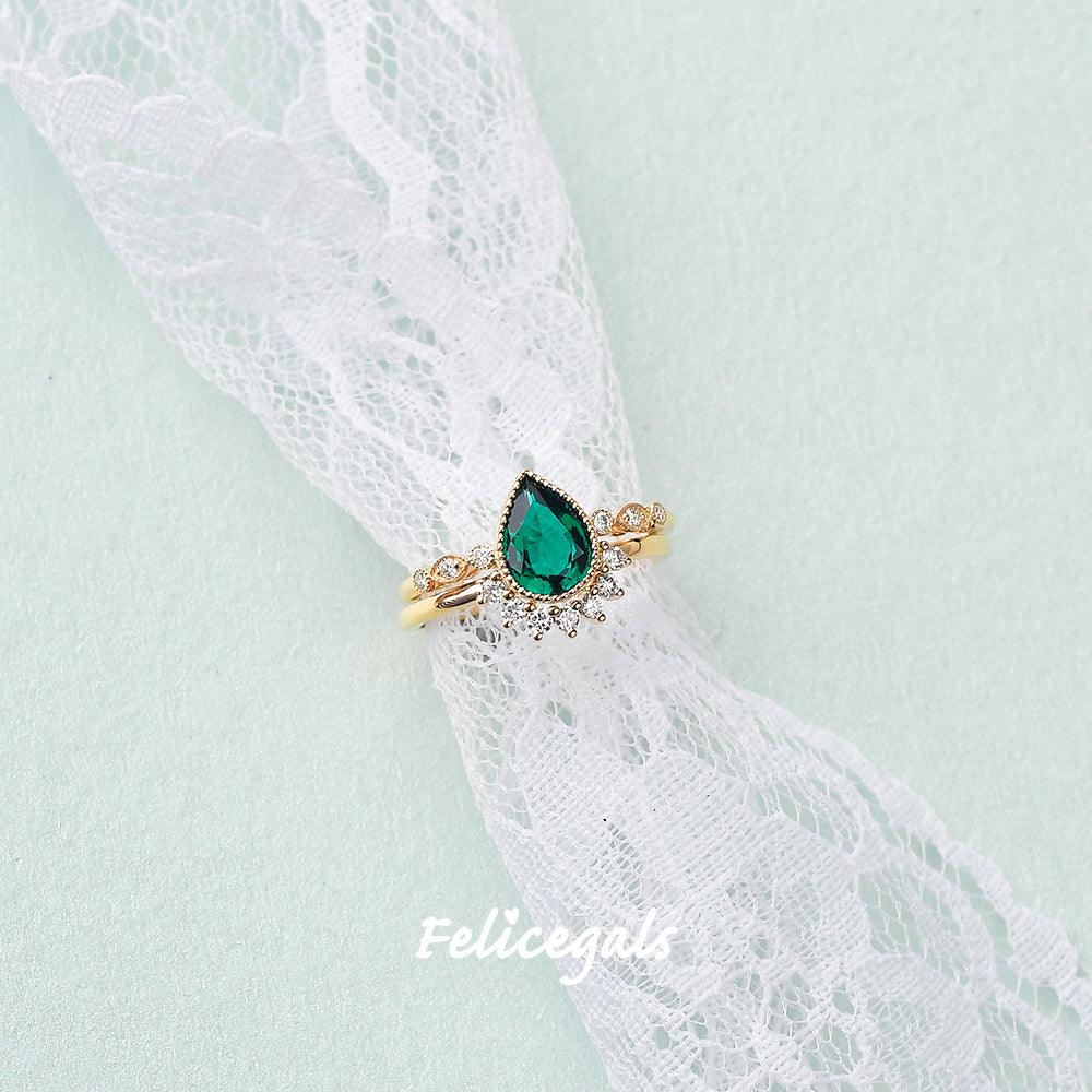 Pear Shaped Emerald Set 2pcs Rose Gold Ring - Felicegals