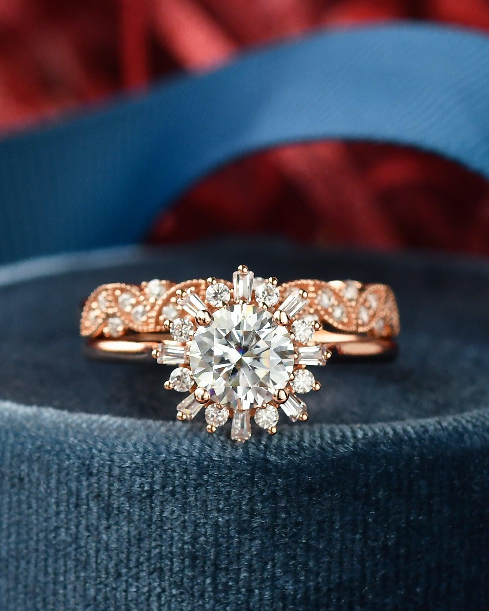 Moissanite Halo Yellow Gold Inspired Ring Set 2pcs - Felicegals 丨Wedding ring 丨Fashion ring 丨Diamond ring 丨Gemstone ring--Felicegals