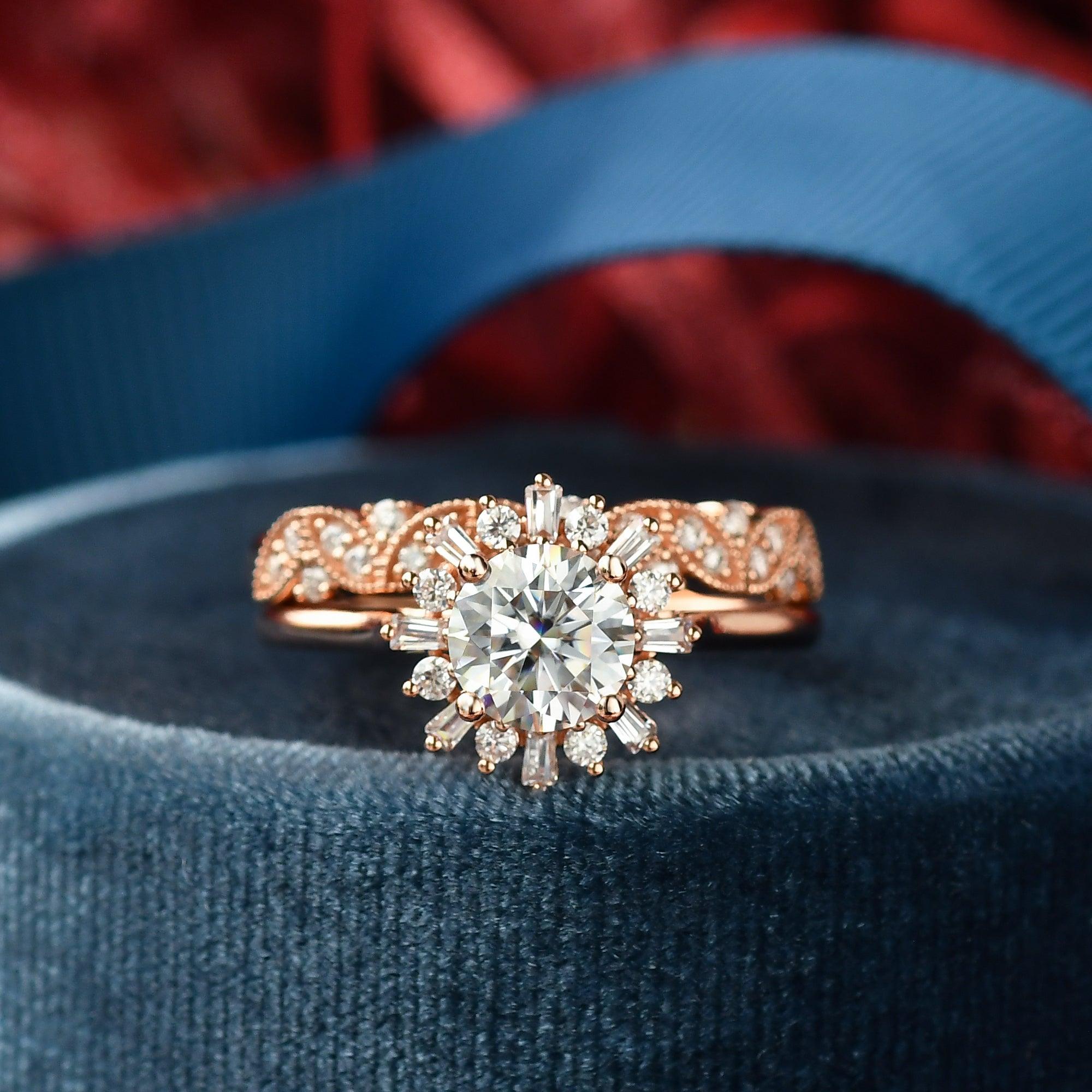 Moissanite Halo Yellow Gold Inspired Ring Set 2pcs - Felicegals 丨Wedding ring 丨Fashion ring 丨Diamond ring 丨Gemstone ring--Felicegals