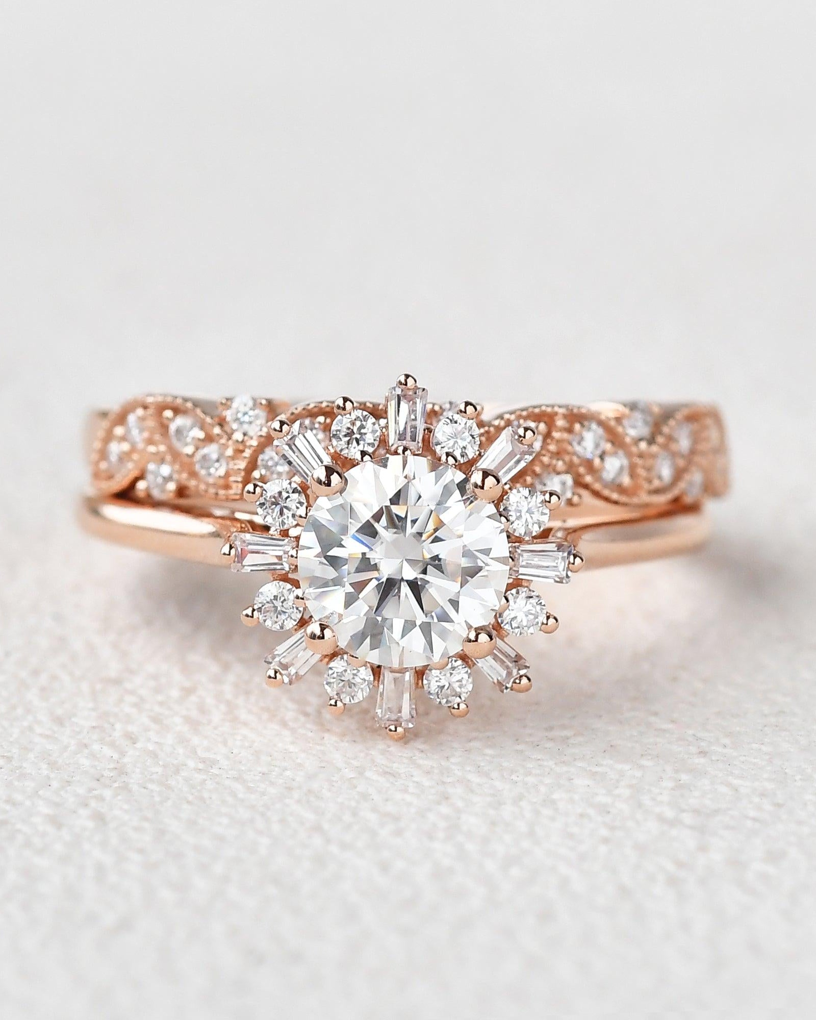 Moissanite Halo Yellow Gold Inspired Ring Set 2pcs - Felicegals 丨Wedding ring 丨Fashion ring 丨Diamond ring 丨Gemstone ring--Felicegals