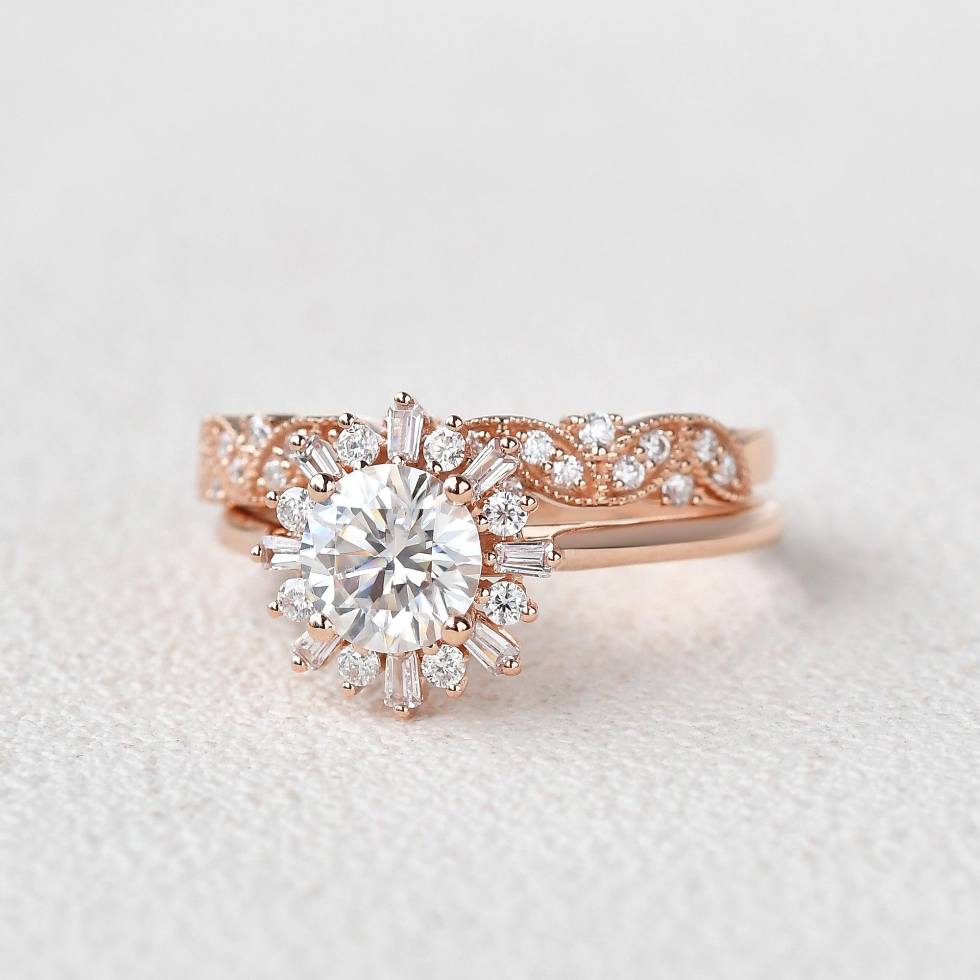 Moissanite Halo Yellow Gold Inspired Ring Set 2pcs - Felicegals 丨Wedding ring 丨Fashion ring 丨Diamond ring 丨Gemstone ring--Felicegals