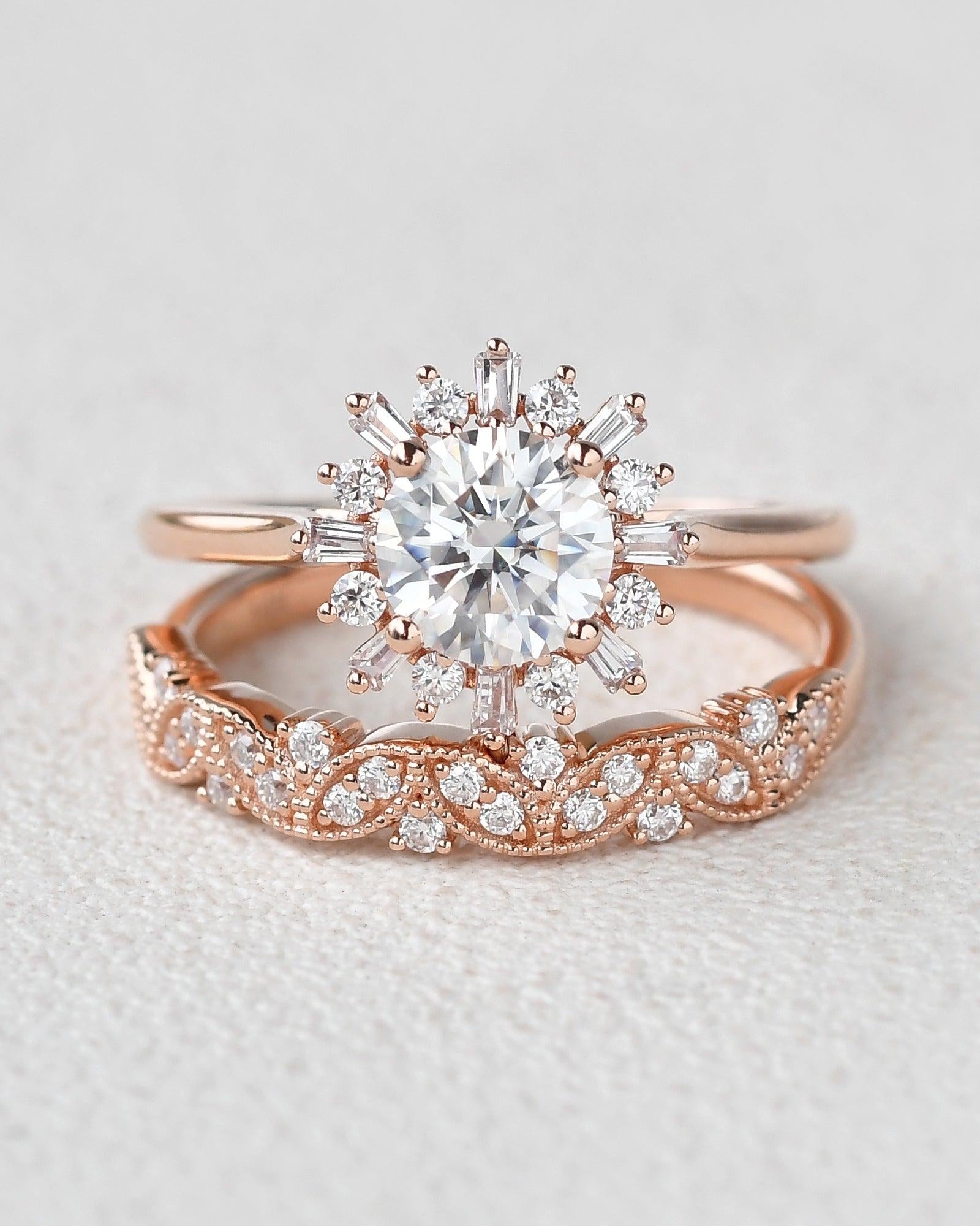 Moissanite Halo Yellow Gold Inspired Ring Set 2pcs - Felicegals 丨Wedding ring 丨Fashion ring 丨Diamond ring 丨Gemstone ring--Felicegals