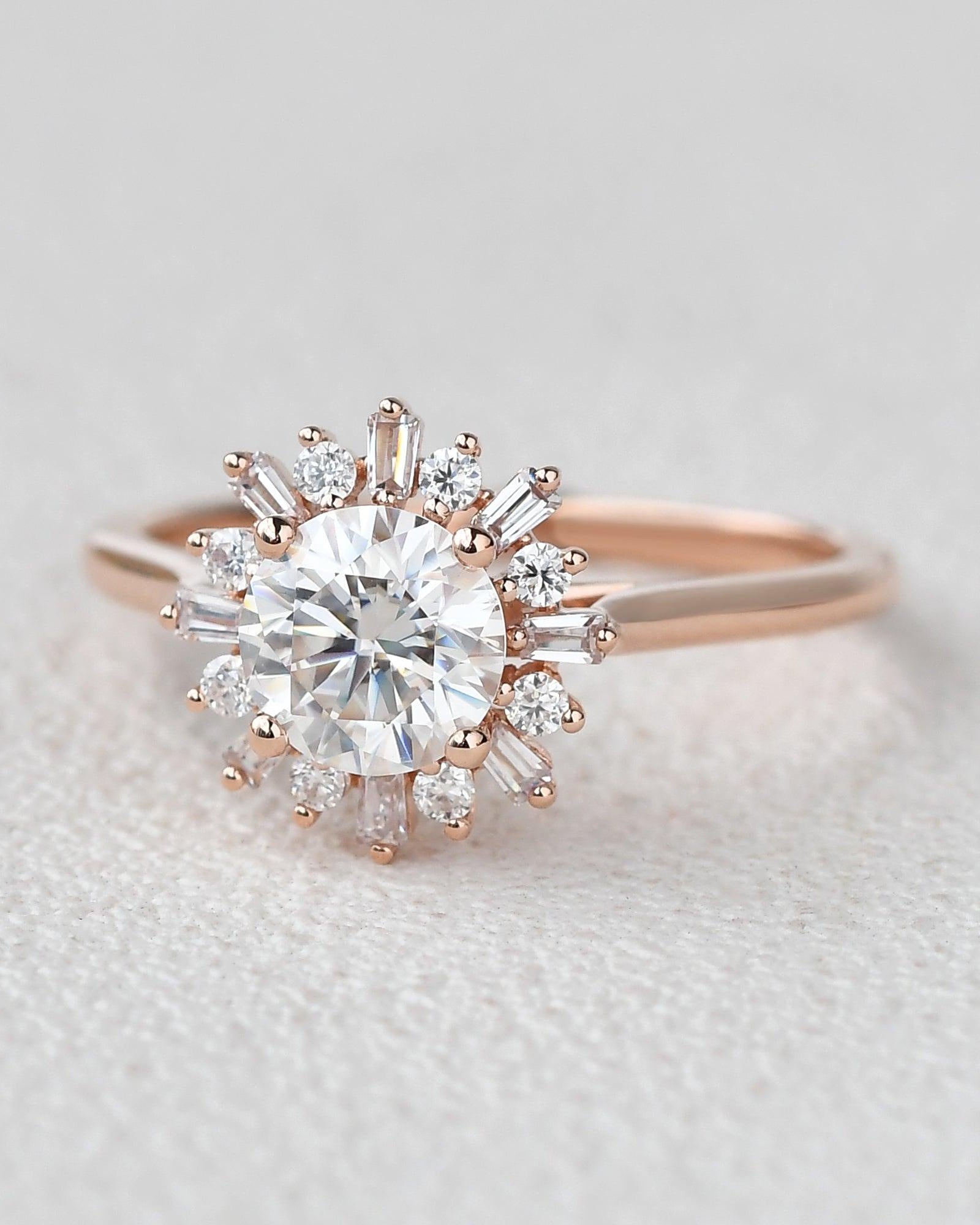 Moissanite Halo Yellow Gold Inspired Ring - Felicegals 丨Wedding ring 丨Fashion ring 丨Diamond ring 丨Gemstone ring--Felicegals