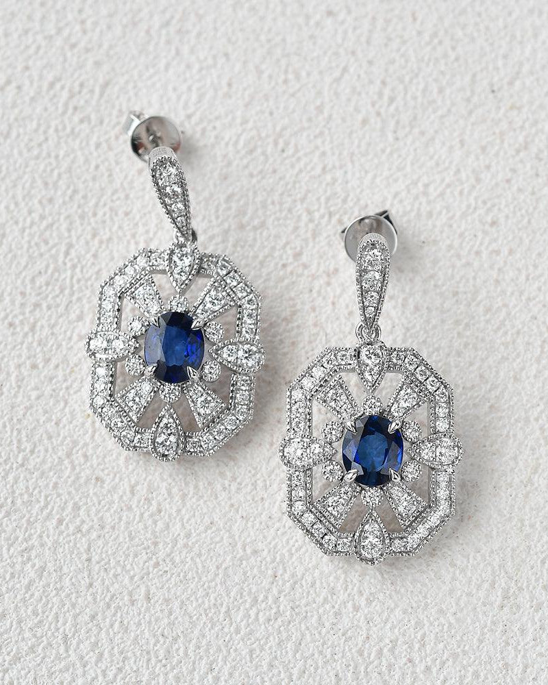 Art-Deco Oval Sapphire White Gold Earrings - Felicegals 丨Wedding ring 丨Fashion ring 丨Diamond ring 丨Gemstone ring--Felicegals 丨Wedding ring 丨Fashion ring 丨Diamond ring 丨Gemstone ring