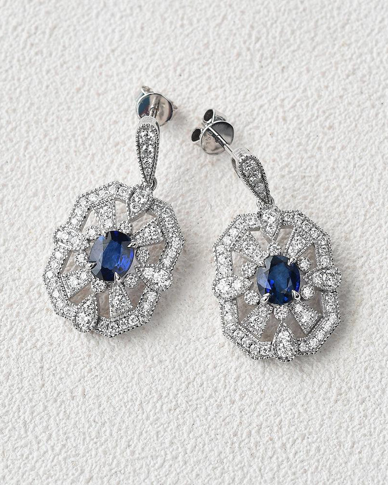 Art-Deco Oval Sapphire White Gold Earrings - Felicegals 丨Wedding ring 丨Fashion ring 丨Diamond ring 丨Gemstone ring--Felicegals 丨Wedding ring 丨Fashion ring 丨Diamond ring 丨Gemstone ring