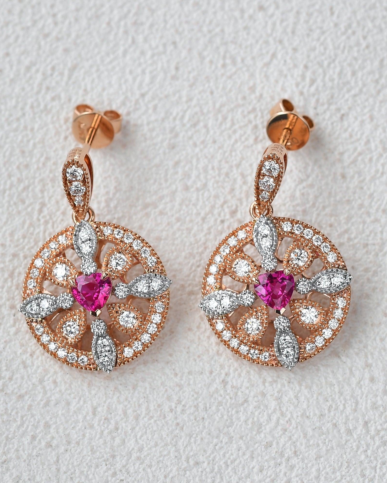 Art-Deco Heart Shaped Ruby Rose Gold Earrings - Felicegals 丨Wedding ring 丨Fashion ring 丨Diamond ring 丨Gemstone ring--Felicegals 丨Wedding ring 丨Fashion ring 丨Diamond ring 丨Gemstone ring