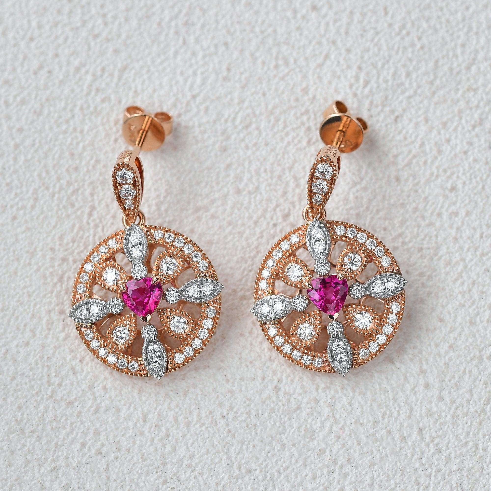 Art-Deco Heart Shaped Ruby Rose Gold Earrings - Felicegals 丨Wedding ring 丨Fashion ring 丨Diamond ring 丨Gemstone ring--Felicegals 丨Wedding ring 丨Fashion ring 丨Diamond ring 丨Gemstone ring